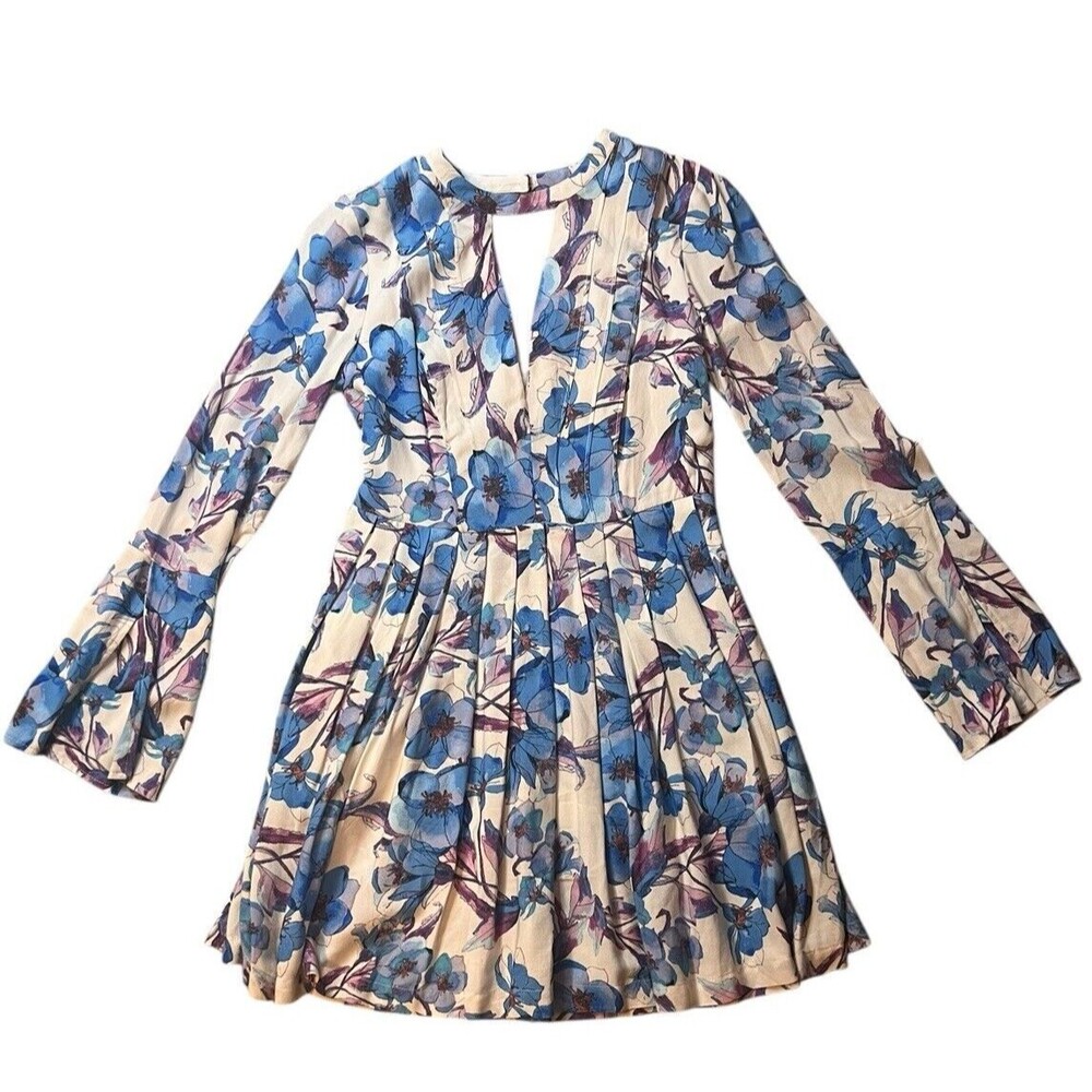 Free People Tegan White Blue Floral Long‎ Sleeve Keyhole Short Mini Dress Size 2